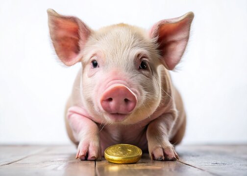Cute Pink Piglet Holding Bitcoin, Broken Candy, Documentary Style Photo