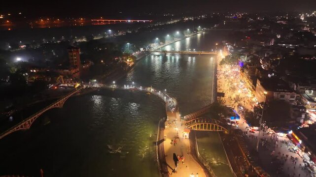 Haridwar Night Drone Shots | Aerial View of Riverbank City, India