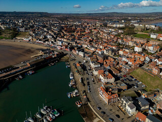 Fototapeta premium Aerial view of the harbor at the seaside town of Scarborough in North Yorkshire - United Kingdom