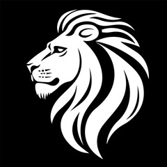 Vector portrait of a lion in profile, made in a minimalist style, white contours on a black background, emphasis on greatness and strength, for a logo or emblem