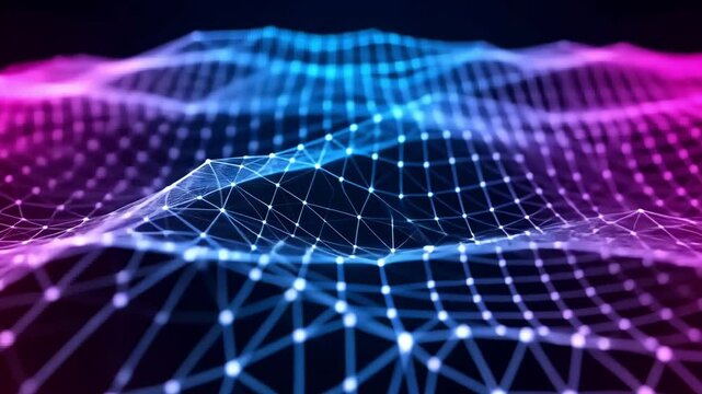 Dynamic purple and blue mesh grid with dotted waves perfect for technology