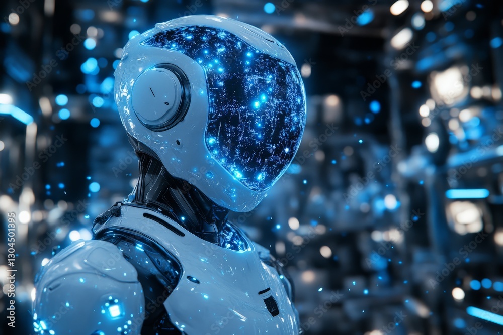 Aufkleber futuristic humanoid robot with glowing blue elements in a high-tech environment