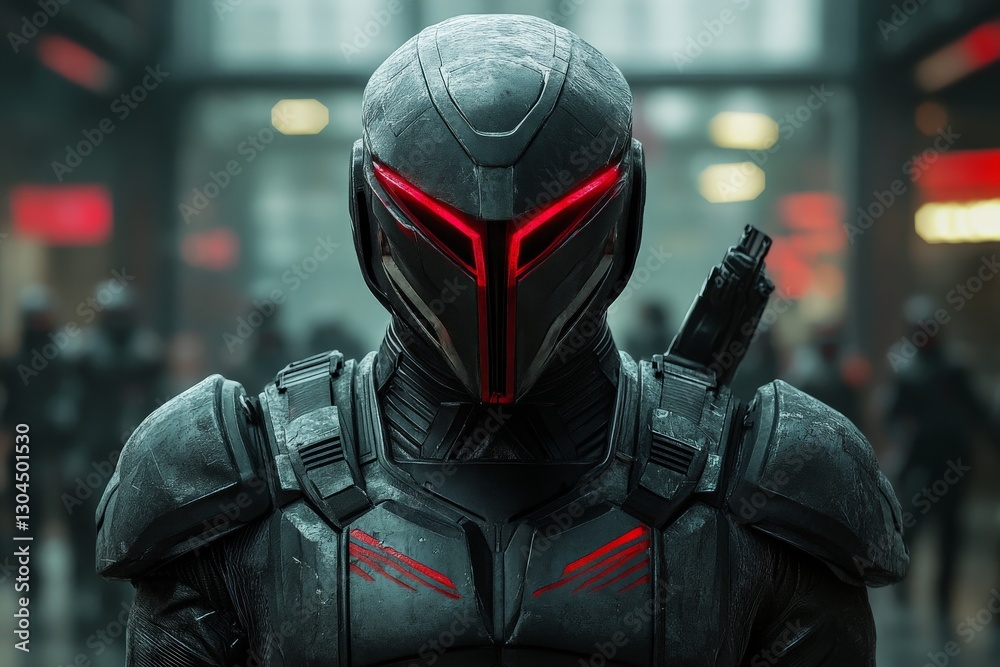 Poster futuristic armored soldier stands ready for action in a high-tech environment filled with shadows an