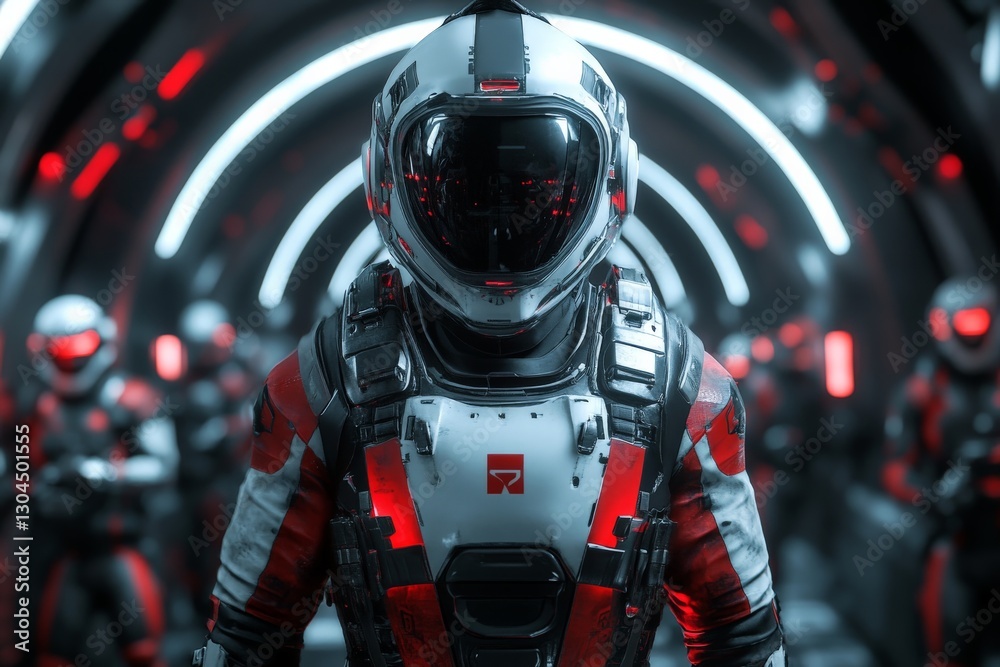Poster futuristic astronaut team in high-tech corridor with glowing lights and advanced technology