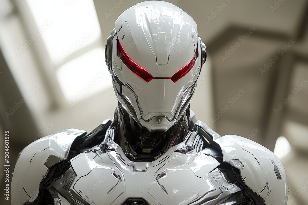 Fototapete Futuristic robot with striking red accents stands in a modern indoor setting showcasing advanced technology and design features