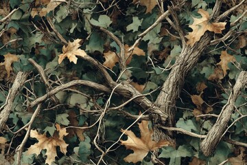 Seamless autumnal camouflage pattern with leaves and branches.