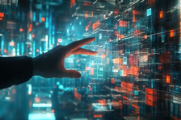 A futuristic scene where a businessmanâ€™s finger touches floating digital blocks in cyberspace, surrounded by virtual data streams and technological advancements.