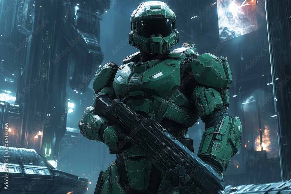 Poster Futuristic soldier in advanced armor stands guard in a high-tech urban environment at night with glowing structures
