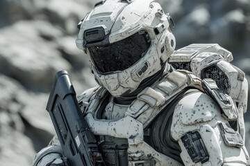 Soldier in advanced armor stands ready on a rugged terrain, showcasing futuristic technology and military readiness