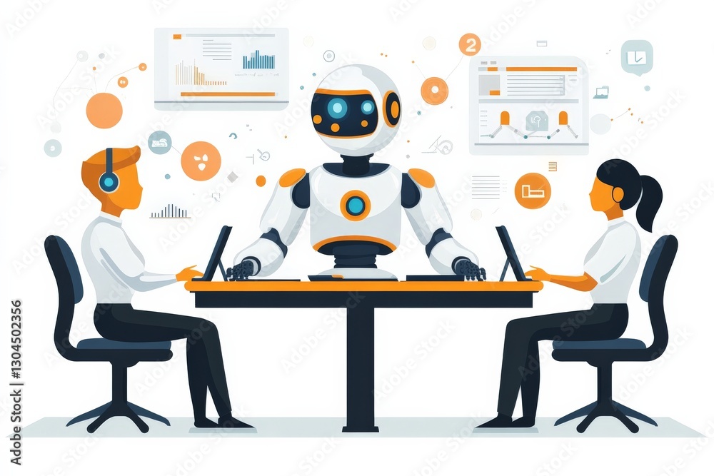 Fototapete collaborative teamwork between humans and robot, focused on data analysis in a modern office environ