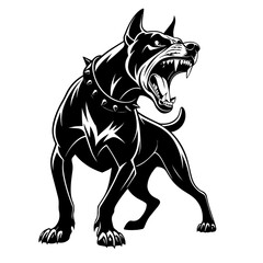 black and white vector drawing of an aggressive Doberman in full length, with an open mouth and bared teeth, showing his strength and fury, be careful: angry dog © Iryna