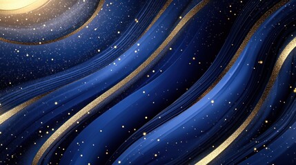 Abstract Navy Blue and Gold Swirls with Glittering Stardust: A Luxurious Digital Art