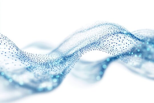 A wire mesh in blue with radiant particles being emitted, representing data transmission and digital networking, set against a white background.
