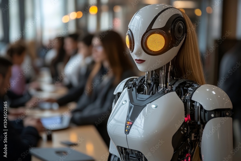 Aufkleber humanoid robot receptionist assisting guests in a modern hotel lobby during busy daytime hours