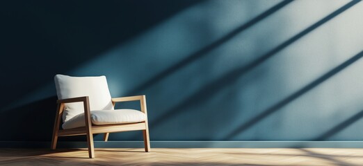 Modern minimalist armchair in bright room with shadows on blue wall