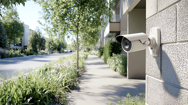 Security camera mounted on a wall overlooking a quiet street lined with trees and modern buildings.