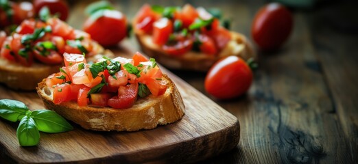 Bruschetta with fresh tomatoes and basil on wooden board with cherry tomatoes