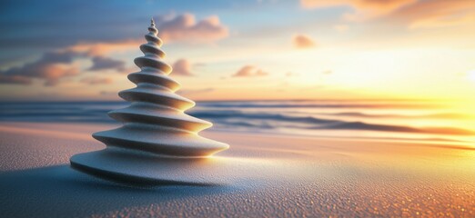 Obraz premium Beautiful spiral sand sculpture on beach at sunset with ocean waves in background
