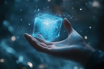 A futuristic scene where a personâ€™s hand holds a glowing holographic cube, with data projections illuminating the surrounding space.
