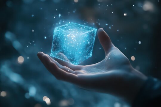 A futuristic scene where a personâ€™s hand holds a glowing holographic cube, with data projections illuminating the surrounding space.