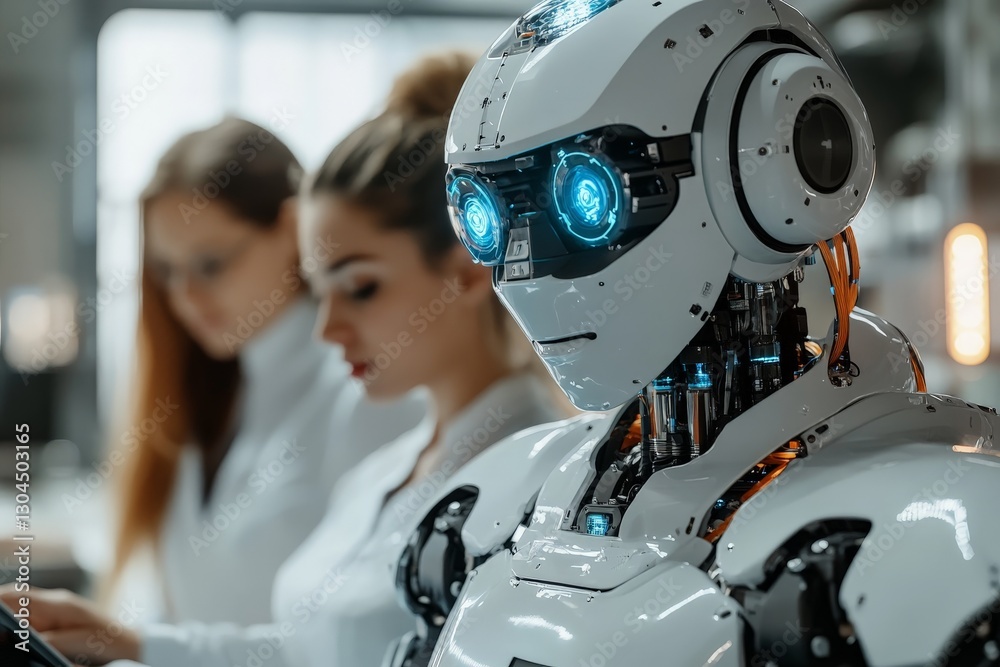 Poster advanced robot collaborating with scientists in a modern laboratory during research and development 
