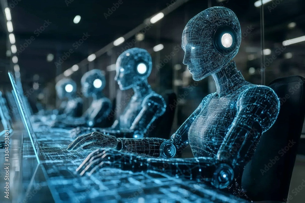 Aufkleber Robots engage in advanced computing tasks in a futuristic office setting during the night