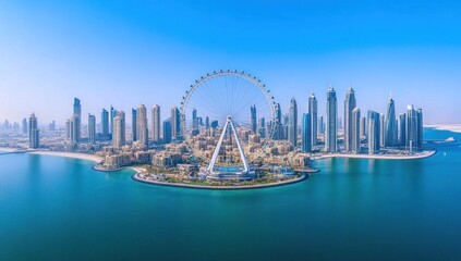 Fototapeta premium Panoramic aerial view of a Ferris wheel and modern cityscape on an island.