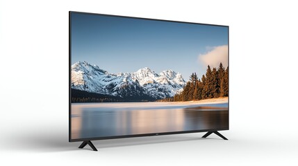 Fototapeta premium Ultra HD TV displaying a beautiful mountain landscape, perfect for modern living rooms and immersive viewing.