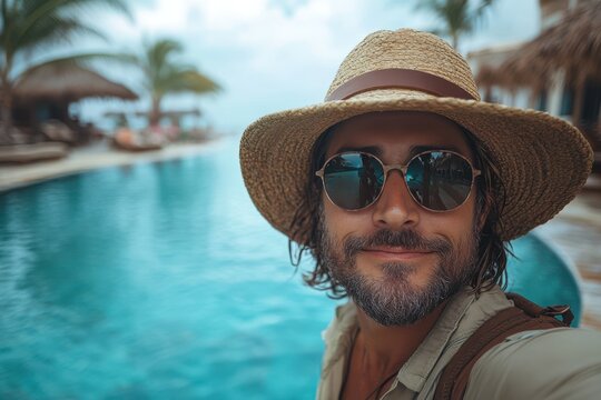 Captivating influencer capturing a tropical selfie beside a boat. Experience the charm of paradise with this social media influencer's photo op.