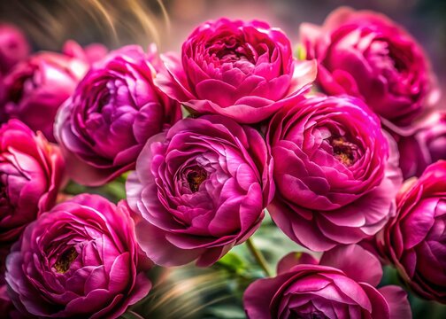 Dark Pink Pomponella Roses Cluster, Long Exposure Bloom Photography