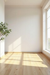 Obraz premium Bright Sunlight Illuminates a Minimalist Room with Hardwood Floors and a Simple Plant