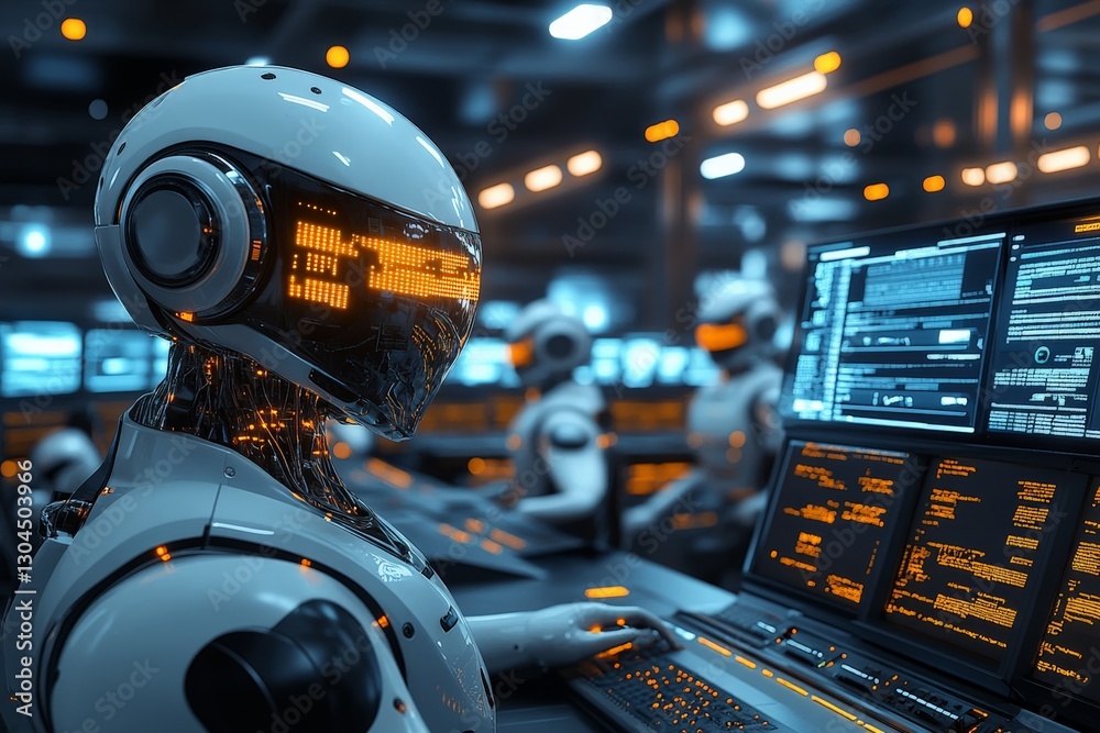 Fototapete futuristic robots engaged in complex data analysis within a high-tech control room at night