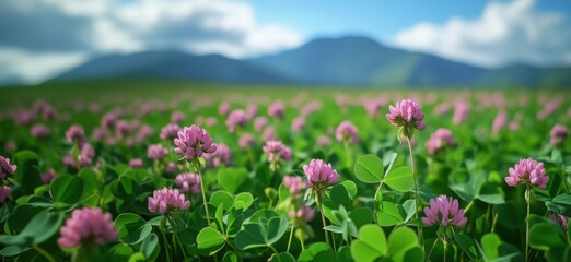 Obraz premium Vibrant field of pink clover flowers with mountains in the background under blue sky
