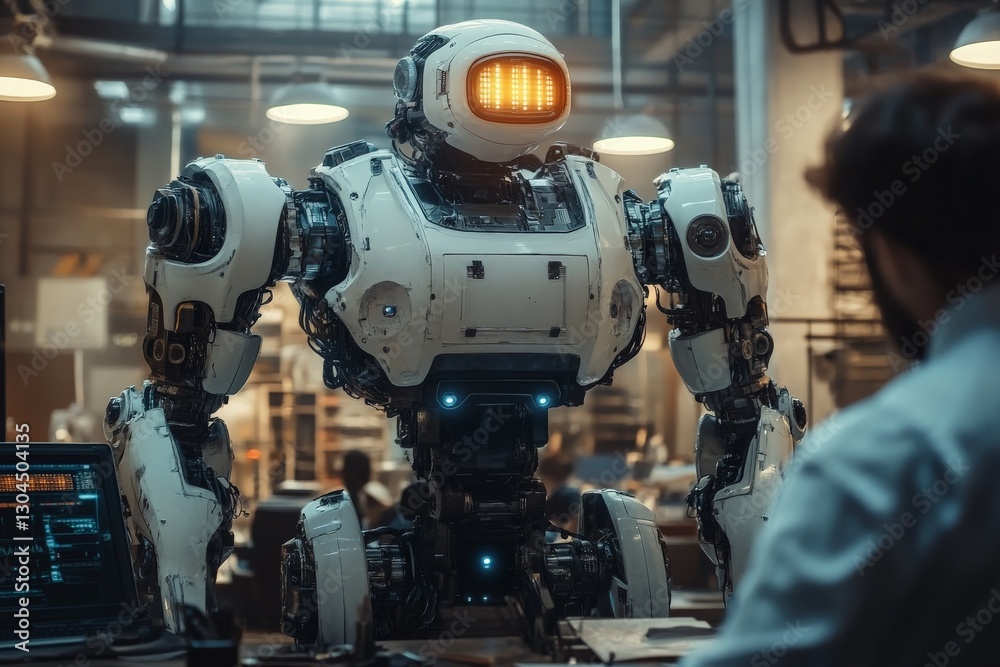 Aufkleber advanced humanoid robot interacting with a researcher in a modern laboratory setting
