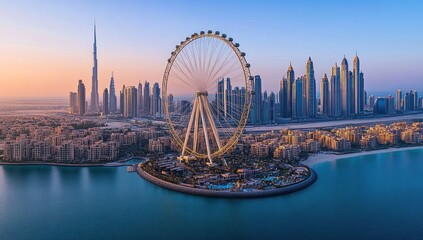 Fototapeta premium Panoramic sunrise view of Dubai's Ain Dubai Ferris wheel and skyline.