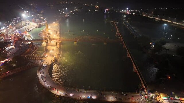 Haridwar Night Drone Shots | Aerial View of Riverbank City, India