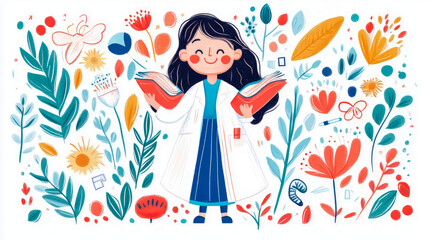 Concept: Medical professional among botanical elements. Use: Design for print, card, poster.