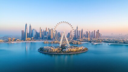 Fototapeta premium Panoramic sunrise view of Ferris wheel and cityscape.