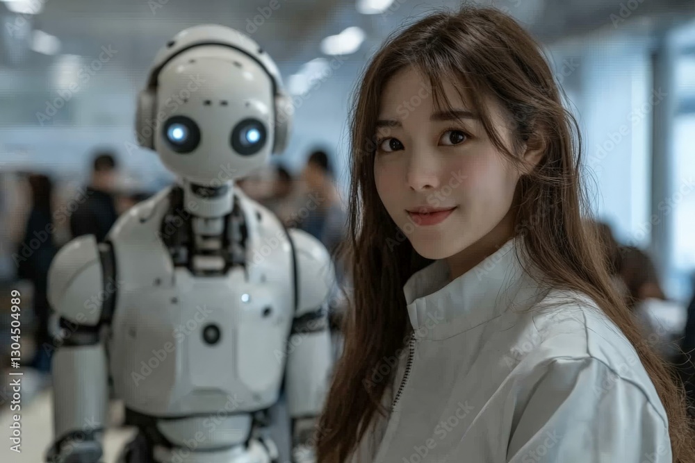 Leinwandbilder robot interacts with a woman in a modern technology showcase at a tech event