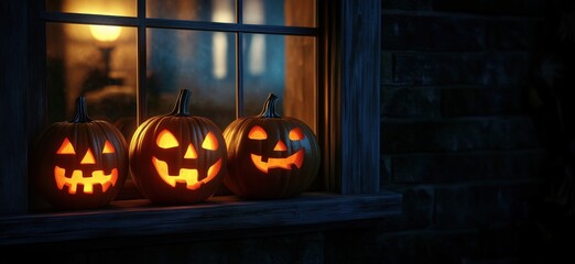 Obraz premium Halloween pumpkins glowing in window with spooky faces and warm ambiance