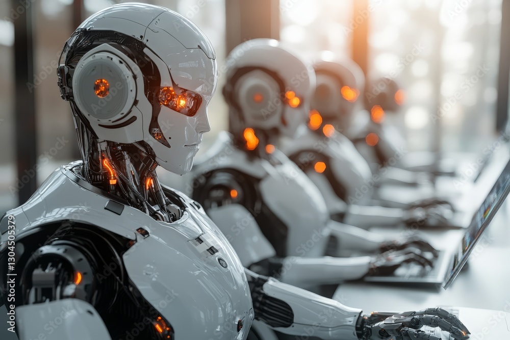 Poster robots working collaboratively on computers in a futuristic office environment
