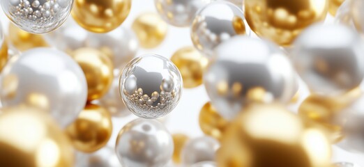 Shiny golden and silver spheres floating in abstract space with soft focus background