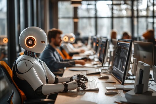 Futuristic workspace with robots and humans collaborating in a modern office setting