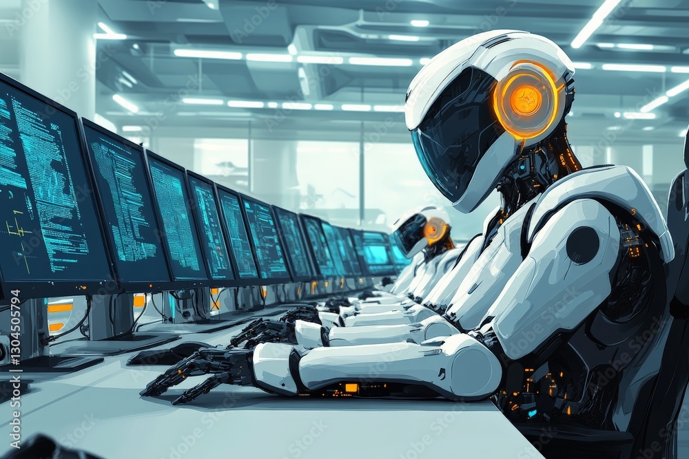 Leinwandbilder robots working diligently at computer stations in a futuristic office environment during the daytime