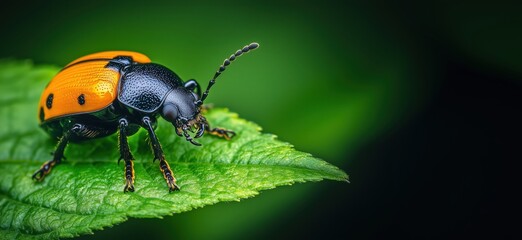 Fototapeta premium Close-up of vibrant orange and black beetle perched on green leaf in natural setting
