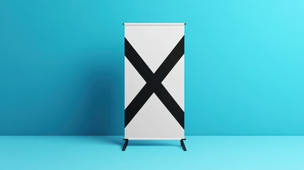 A striking black and white X stand banner mock up against a vibrant blue background, ready to be customized with your logo or message, showcasing a modern and impactful design.