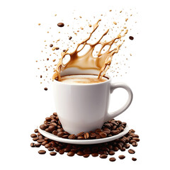 This flying cup of coffee with splash and coffee beans on a transparent background.