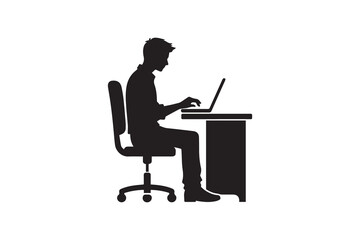 A man typing laptop on desk icon silhouette vector illustration in black and white, set against a white background