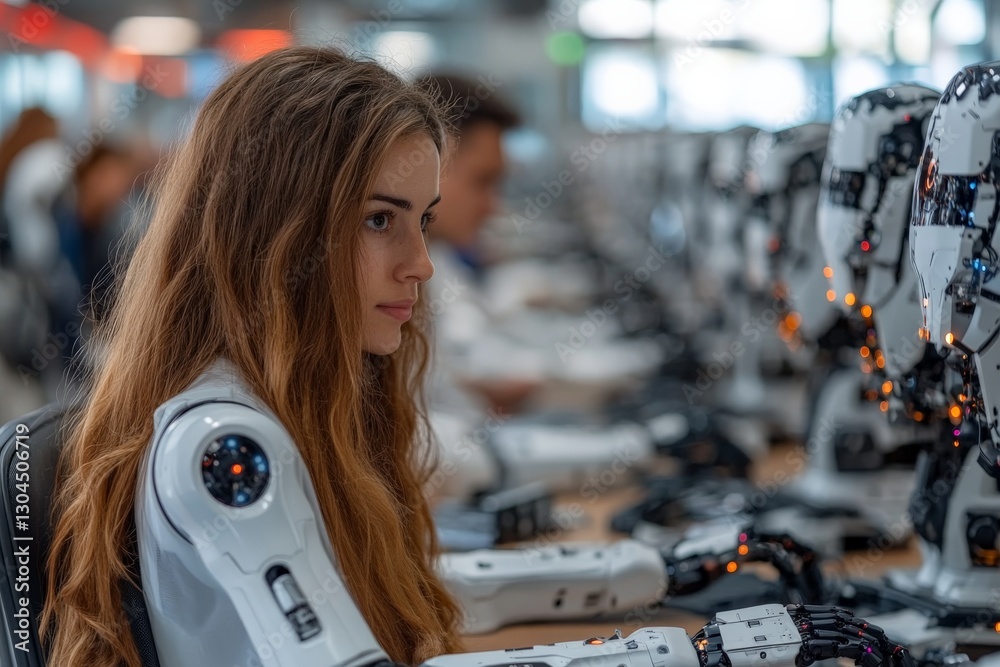 Fototapete Young woman interacts with humanoid robots in a modern technology lab during a robotics workshop