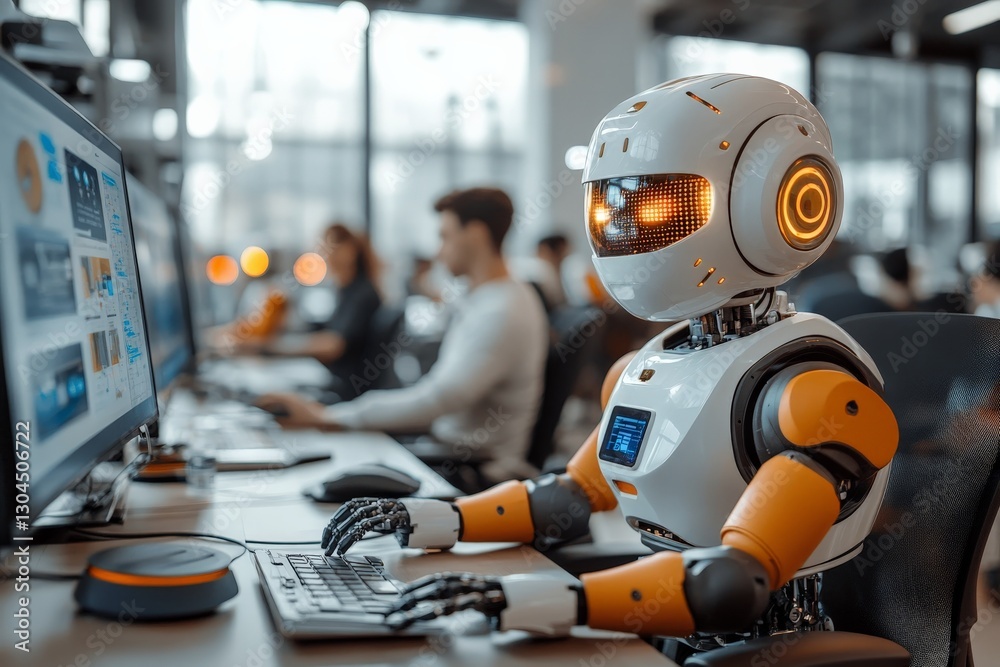 Poster advanced robot working diligently at a computer in a modern office environment during daytime hours
